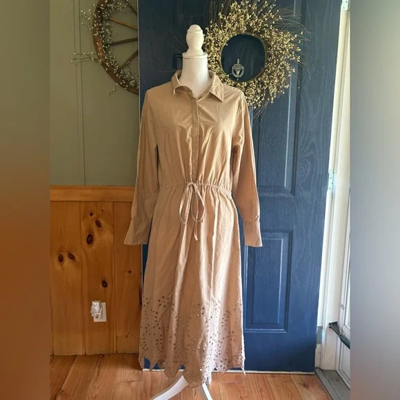 Sweet Magnolia Tan Long Sleeve Cotton Shirt Dress Cutout On Bottom Size L - Picture 1 of 14
